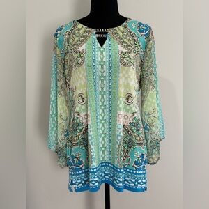 JM Collection S Women’s Turquoise & Lime Printed Tunic Top Studded 285